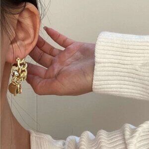 Gold Chain Pendant Charm Cross Hoop Earrings